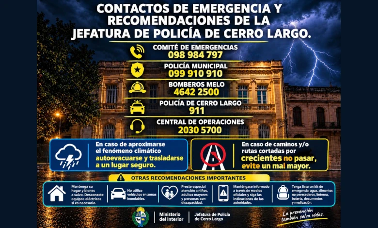 Personal de la Policía Comunitaria distribuye guías preventivas en zonas de Cerro Largo con mayor riesgo de inundación.