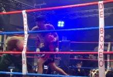 Píriz, representante de la Academia de Boxeo de Barrio Soñora, celebra su triunfo por nocaut en Melo (Foto Academia Barrio Sóñora)